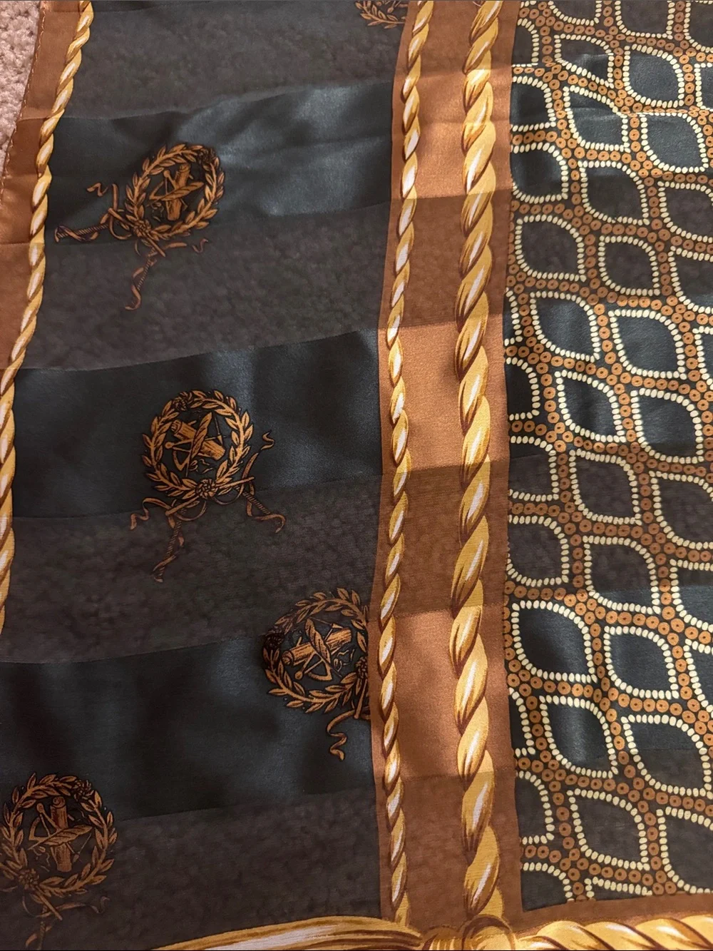 Anne Klein Dark Green and Gold Rope-Tassel Silk Scarf